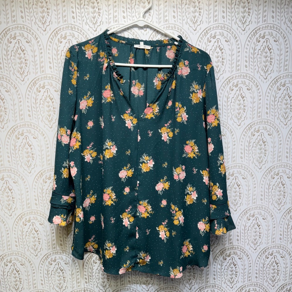 Maurices Floral Blouse Women XXL Teal Pink Yellow Ruffle Neck Long Sleeve‎ Top